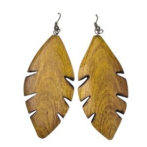 Vintage Handmade Natural Canary Wood Boho Earrings Palm Beach Leaf